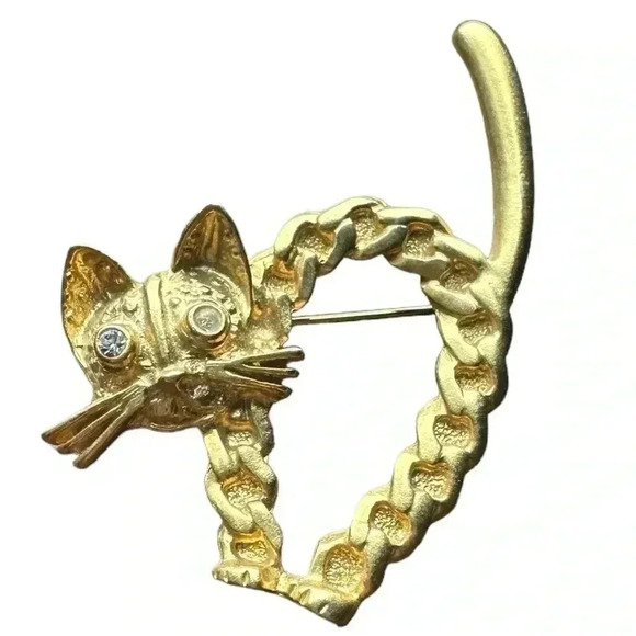 Cat Brooch Gold Tone with Rhinestone Eyes 2 1/2” tall - Picture 3 of 3